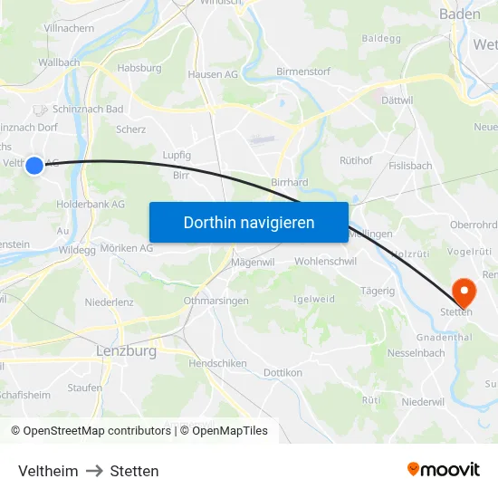 Veltheim to Stetten map