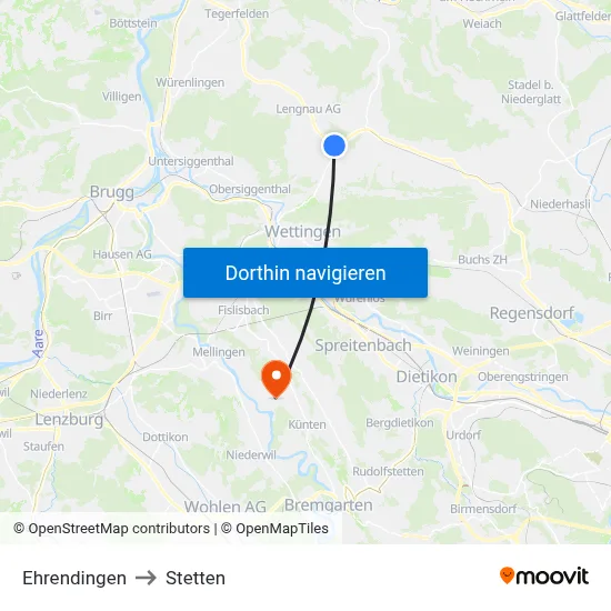 Ehrendingen to Stetten map