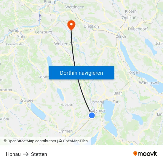 Honau to Stetten map