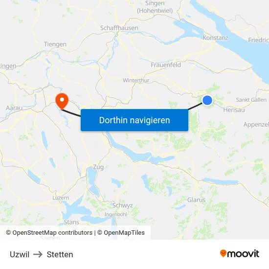 Uzwil to Stetten map