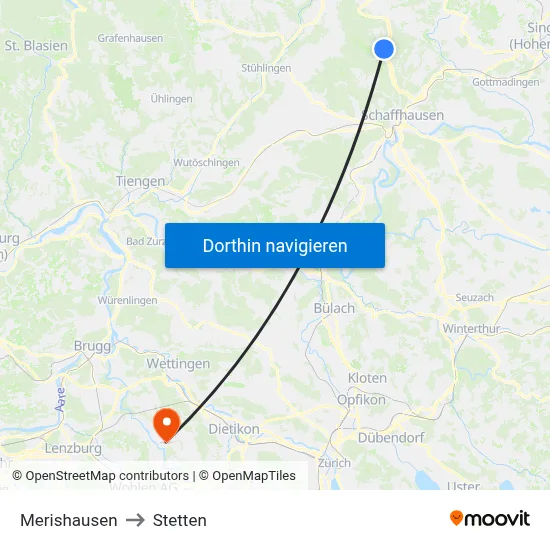 Merishausen to Stetten map
