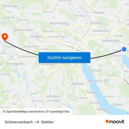 Schwerzenbach to Stetten map