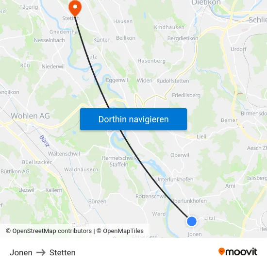 Jonen to Stetten map
