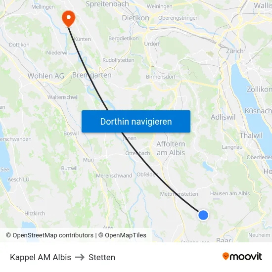 Kappel AM Albis to Stetten map