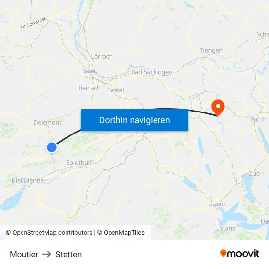 Moutier to Stetten map