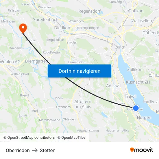 Oberrieden to Stetten map