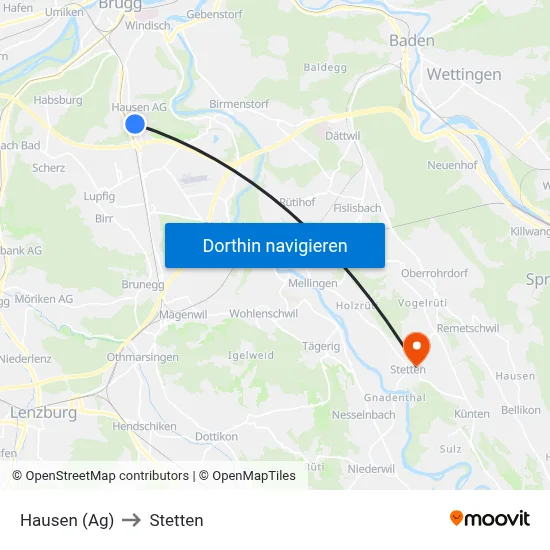 Hausen (Ag) to Stetten map