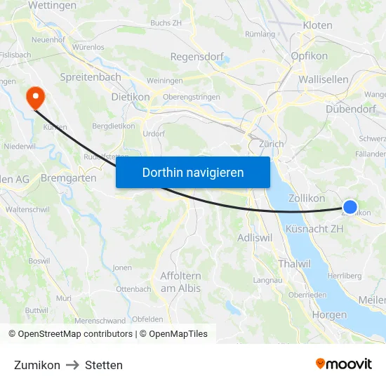 Zumikon to Stetten map
