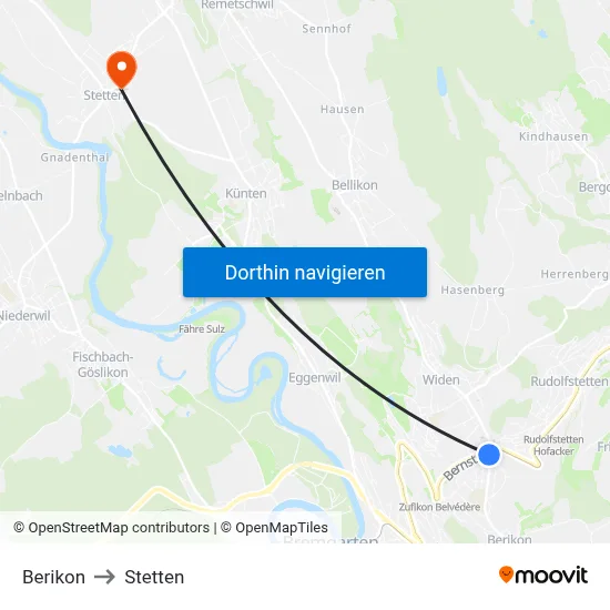 Berikon to Stetten map