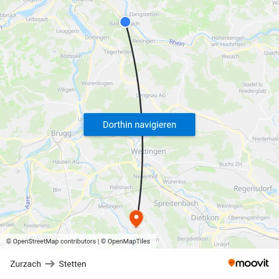 Zurzach to Stetten map