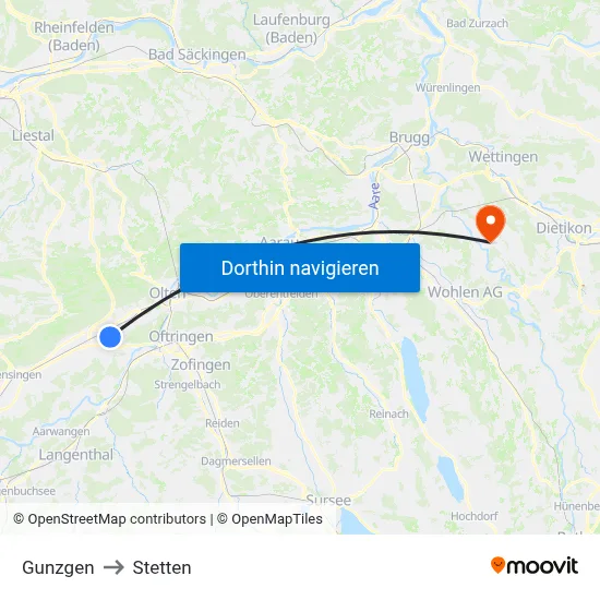 Gunzgen to Stetten map