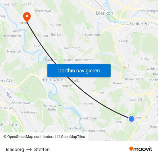 Islisberg to Stetten map