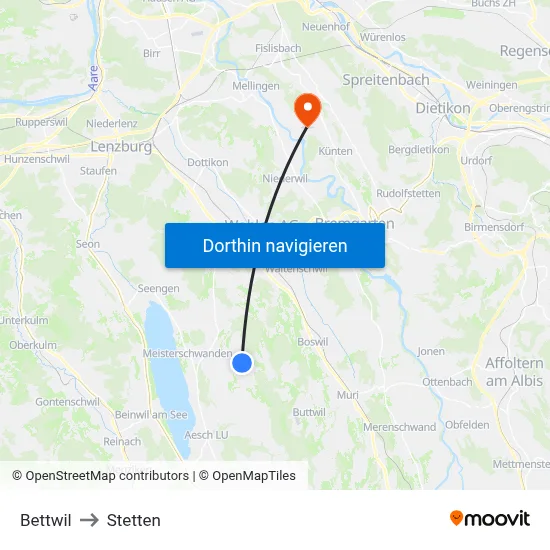 Bettwil to Stetten map