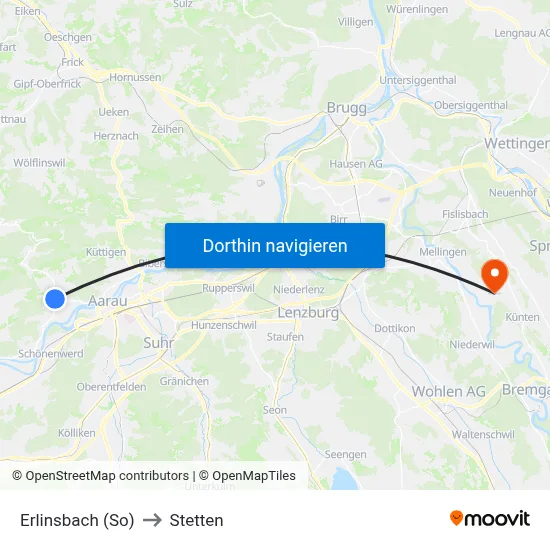 Erlinsbach (So) to Stetten map