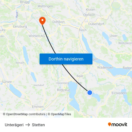 Unterägeri to Stetten map
