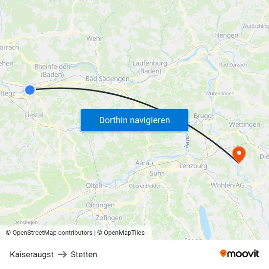 Kaiseraugst to Stetten map