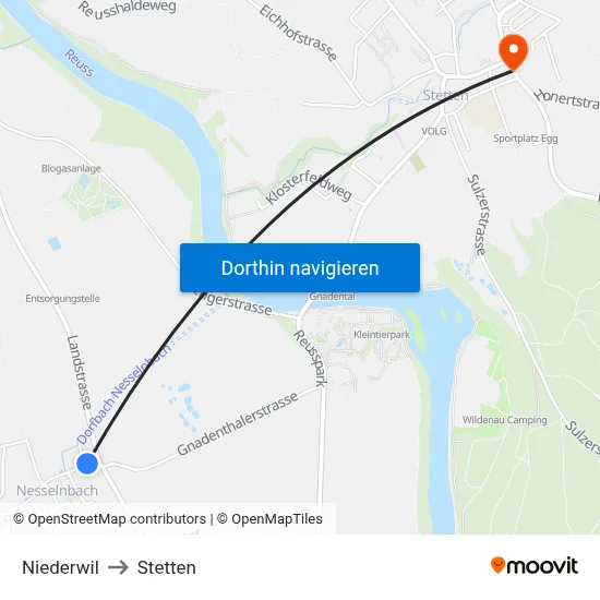 Niederwil to Stetten map