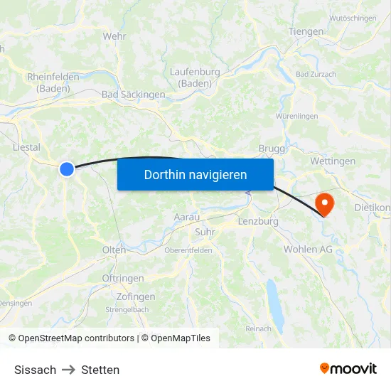 Sissach to Stetten map