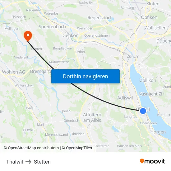 Thalwil to Stetten map