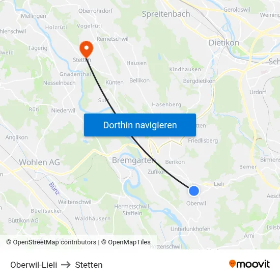 Oberwil-Lieli to Stetten map
