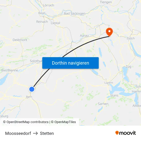 Moosseedorf to Stetten map