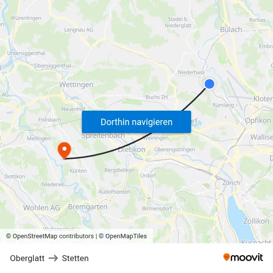 Oberglatt to Stetten map