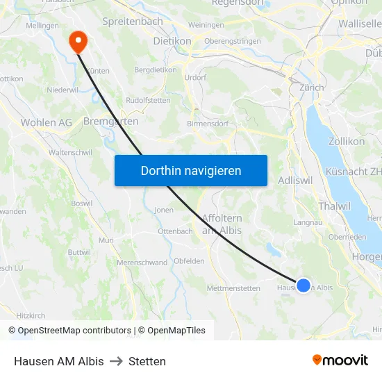 Hausen AM Albis to Stetten map