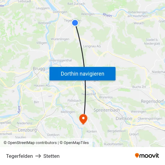 Tegerfelden to Stetten map