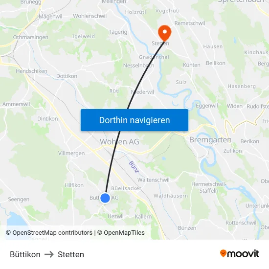 Büttikon to Stetten map