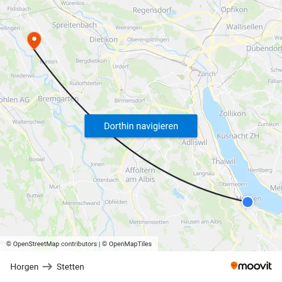 Horgen to Stetten map