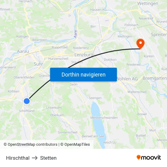 Hirschthal to Stetten map