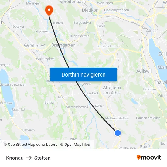 Knonau to Stetten map