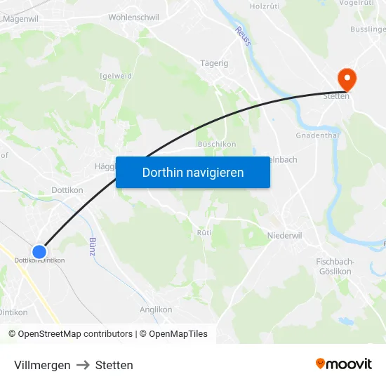 Villmergen to Stetten map