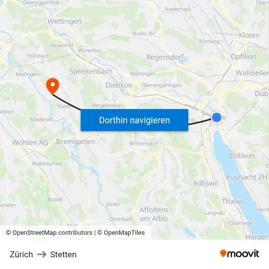 Zürich to Stetten map