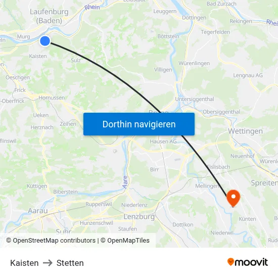 Kaisten to Stetten map