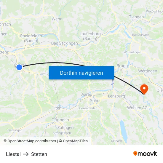 Liestal to Stetten map