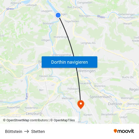 Böttstein to Stetten map