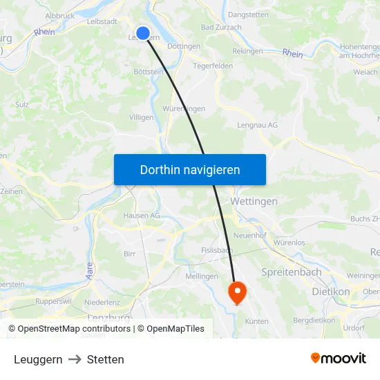 Leuggern to Stetten map
