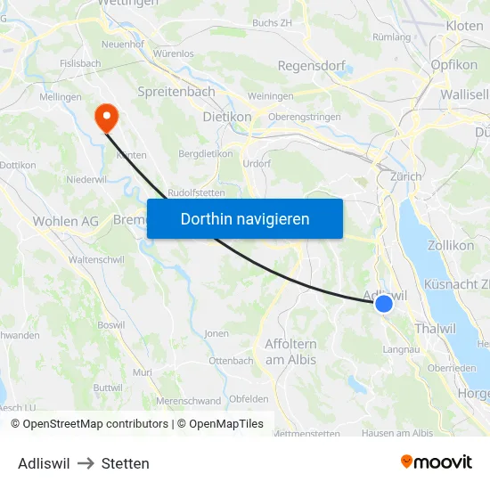 Adliswil to Stetten map