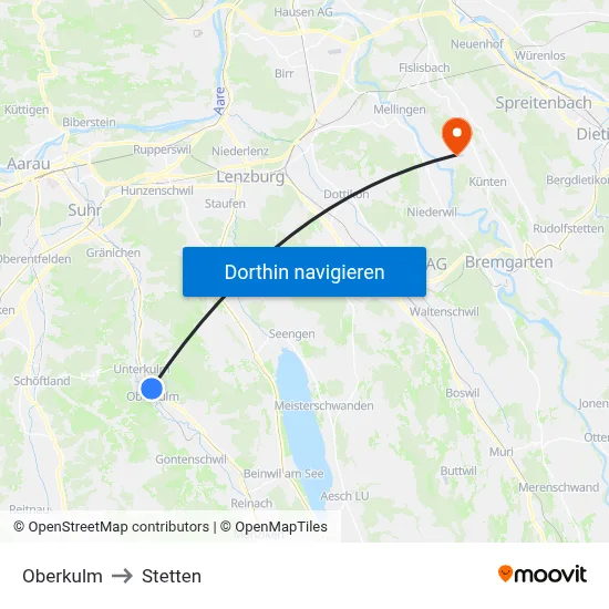 Oberkulm to Stetten map