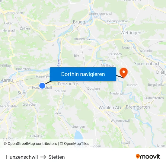 Hunzenschwil to Stetten map