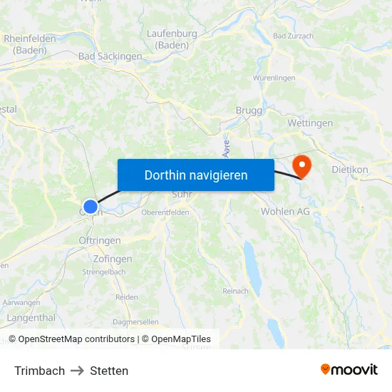 Trimbach to Stetten map
