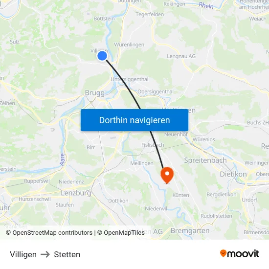 Villigen to Stetten map