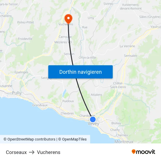 Corseaux to Vucherens map