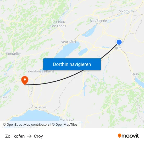 Zollikofen to Croy map