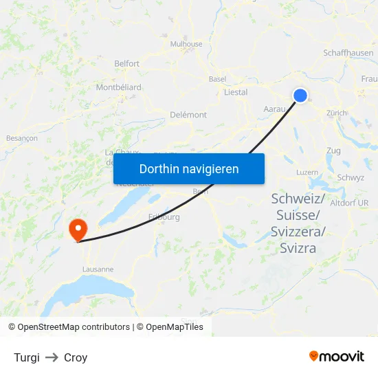 Turgi to Croy map