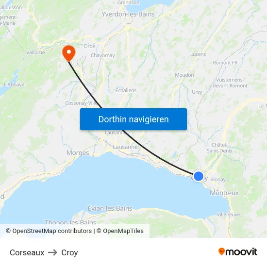 Corseaux to Croy map