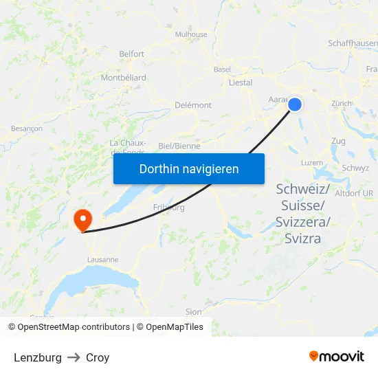 Lenzburg to Croy map