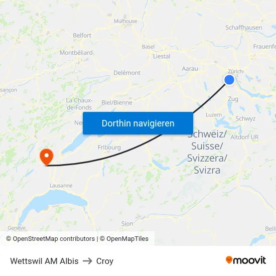 Wettswil AM Albis to Croy map