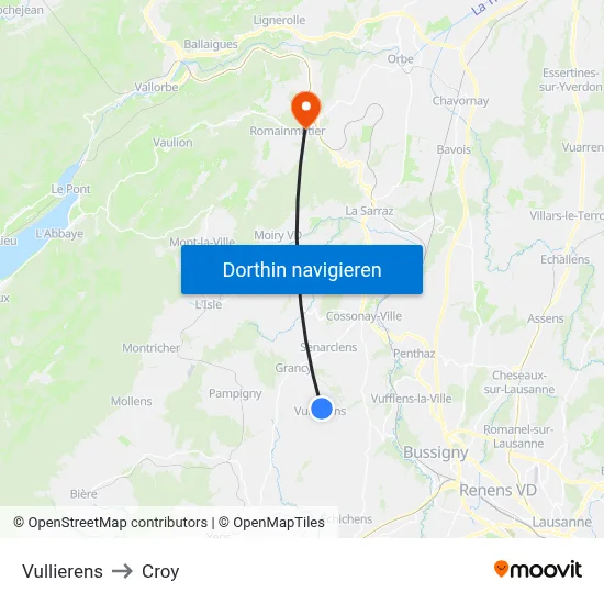 Vullierens to Croy map